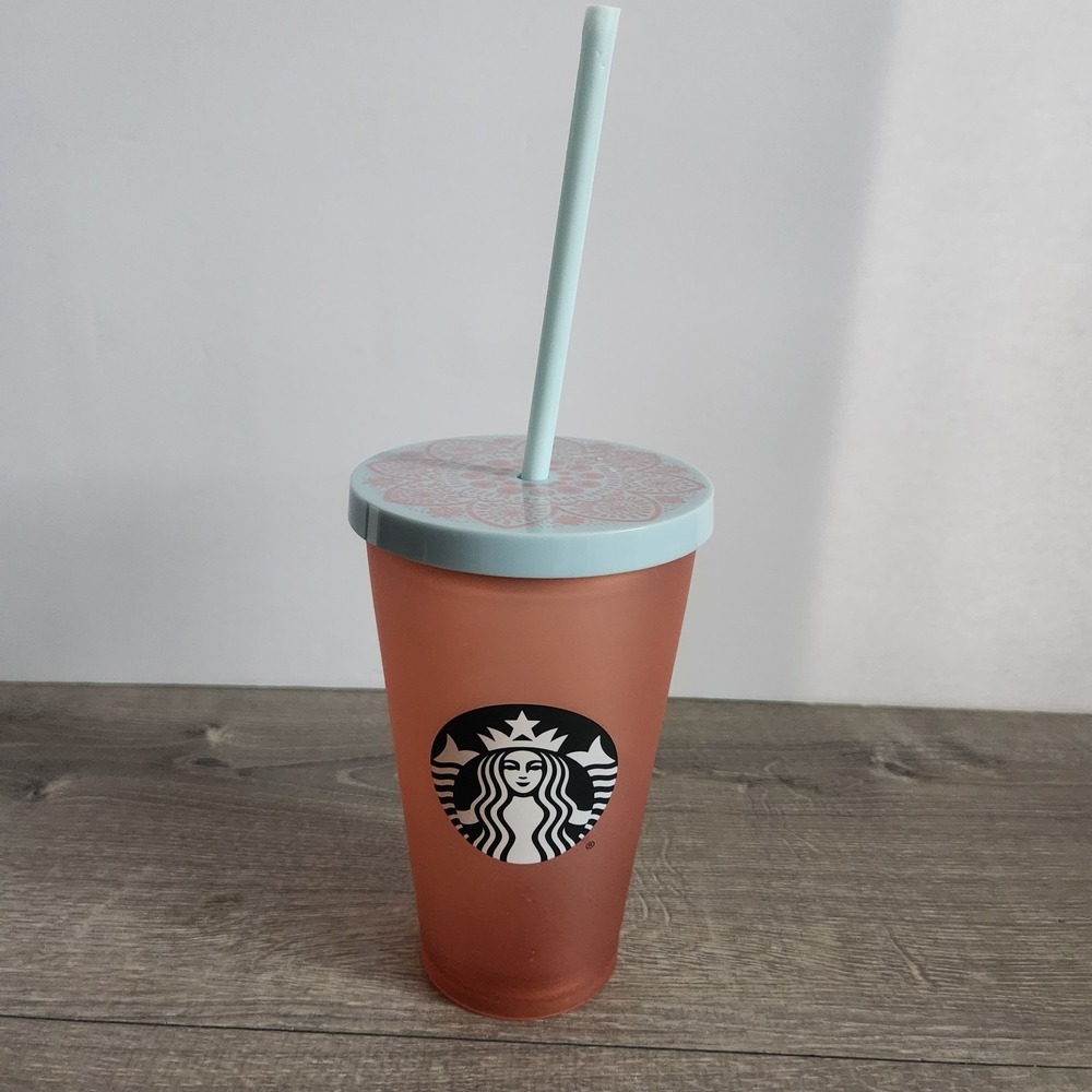 Starbucks Matte Peach Pink Floral 16Oz Grande Mermaid Logo Cold Cup Tumbler READ